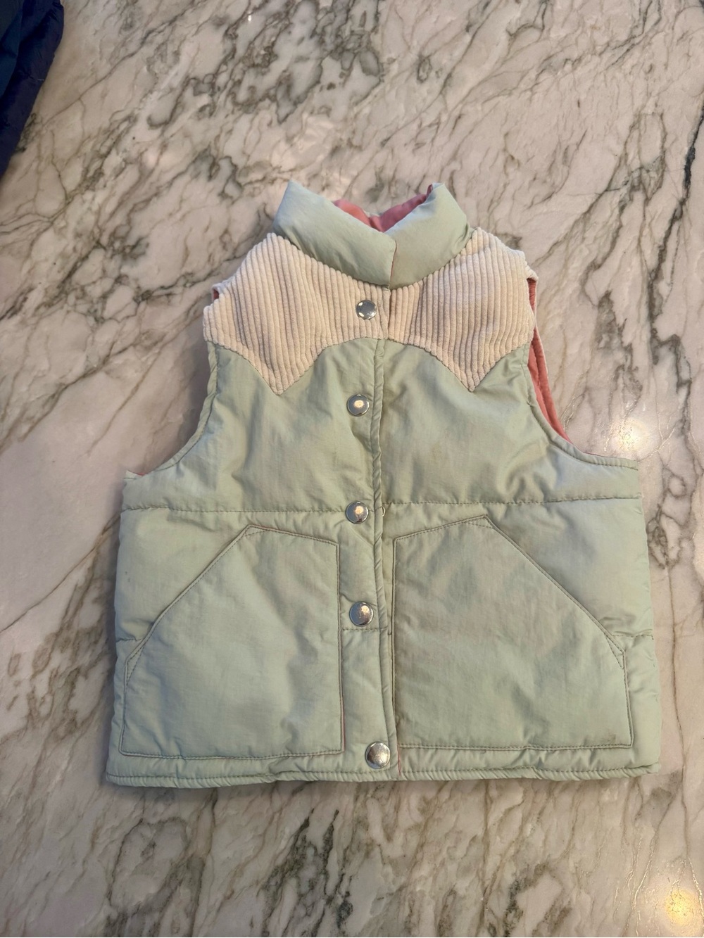 Light Mint Puffer Vest with Cream Corduroy Yoke for Kids